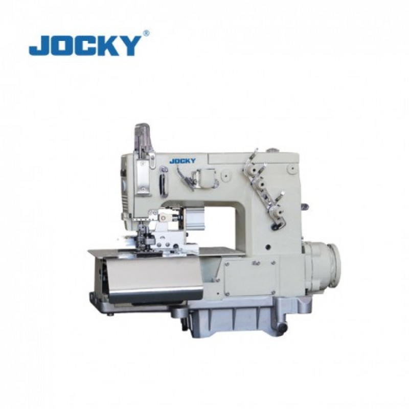 JK2000C-KD Двухигольная швейная машина с плоской платформой и отрезным устройством на задней стороне.